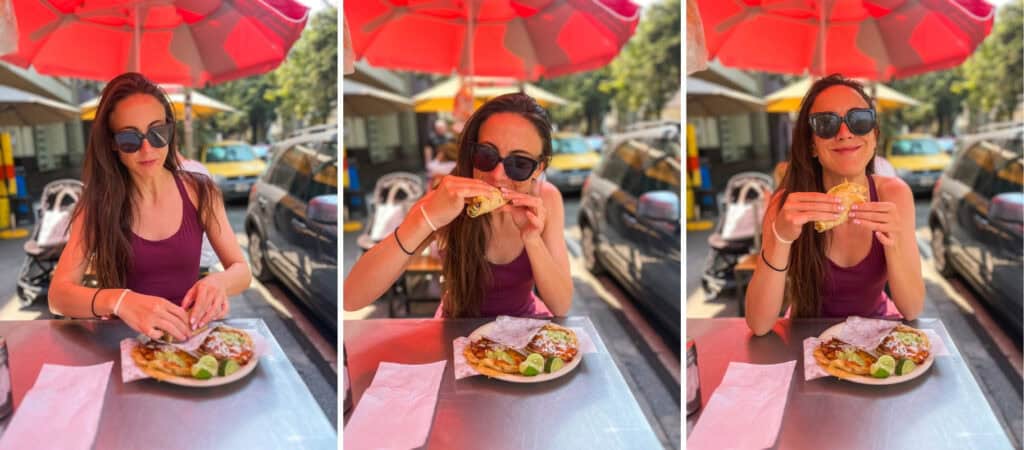 woman eating tacos in purple dress