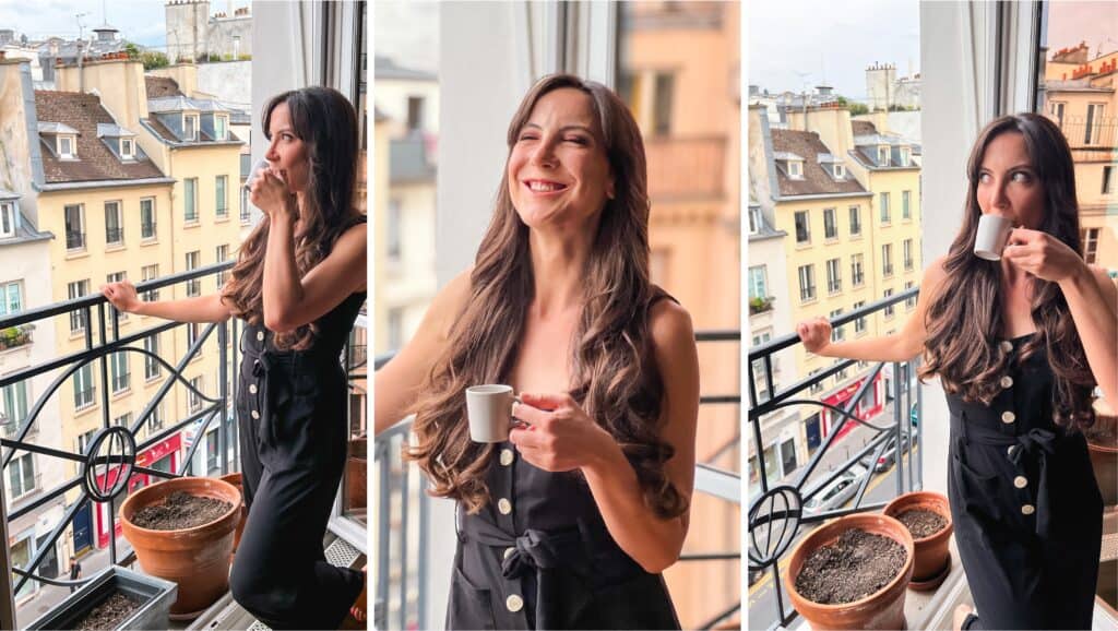 3 series photos of woman very happy drinking coffee from the best coffee shops in paris
