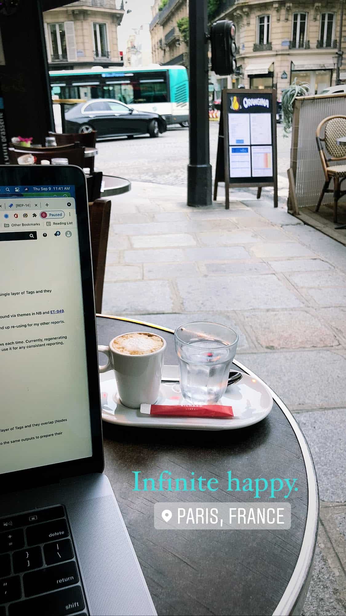 Cappuccino and water glass next to a laptop on a sidewalk café table, perfect for working from one of the best coffee shops in Paris.