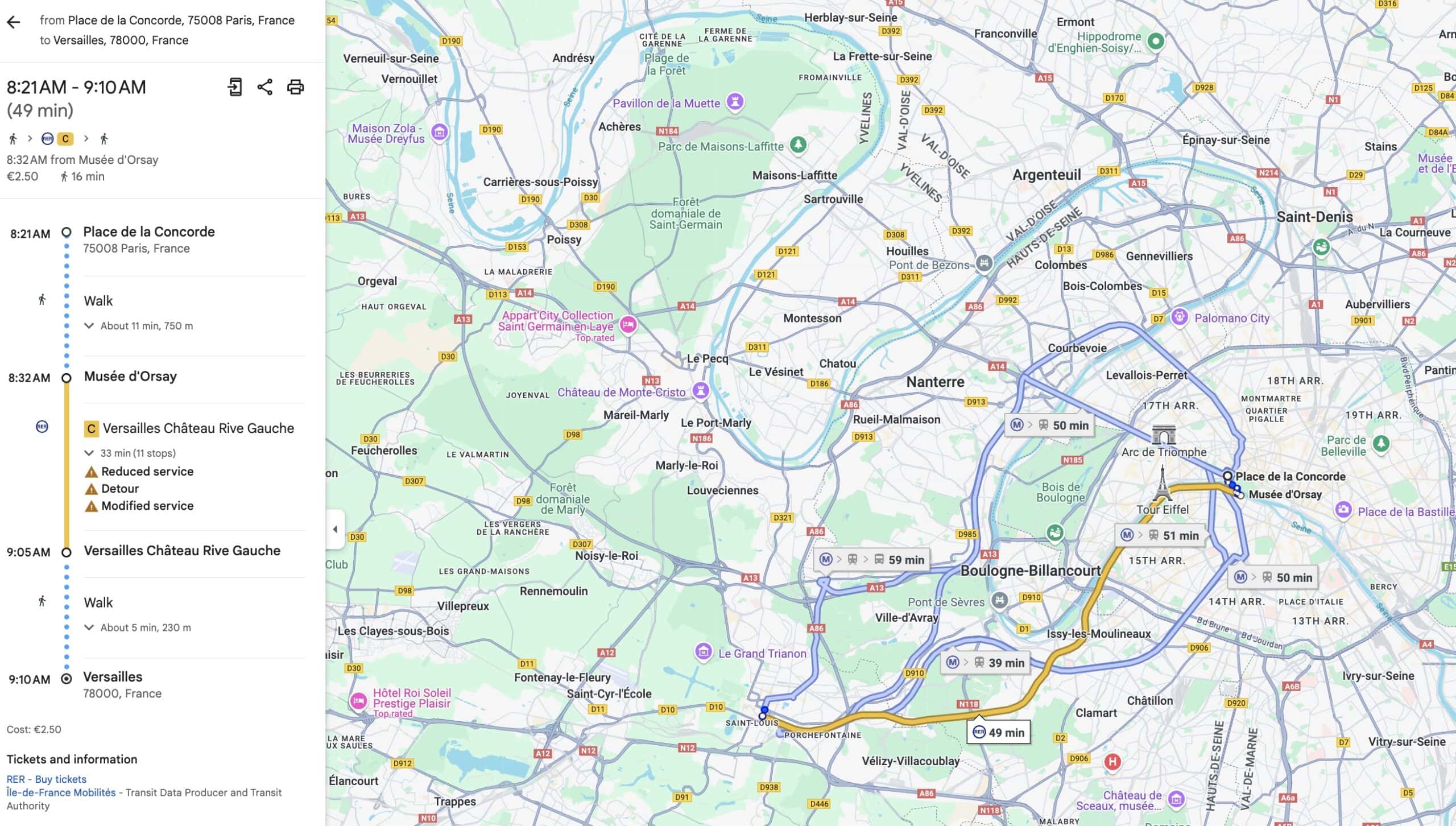 map from paris to versailles on one train in winter in paris