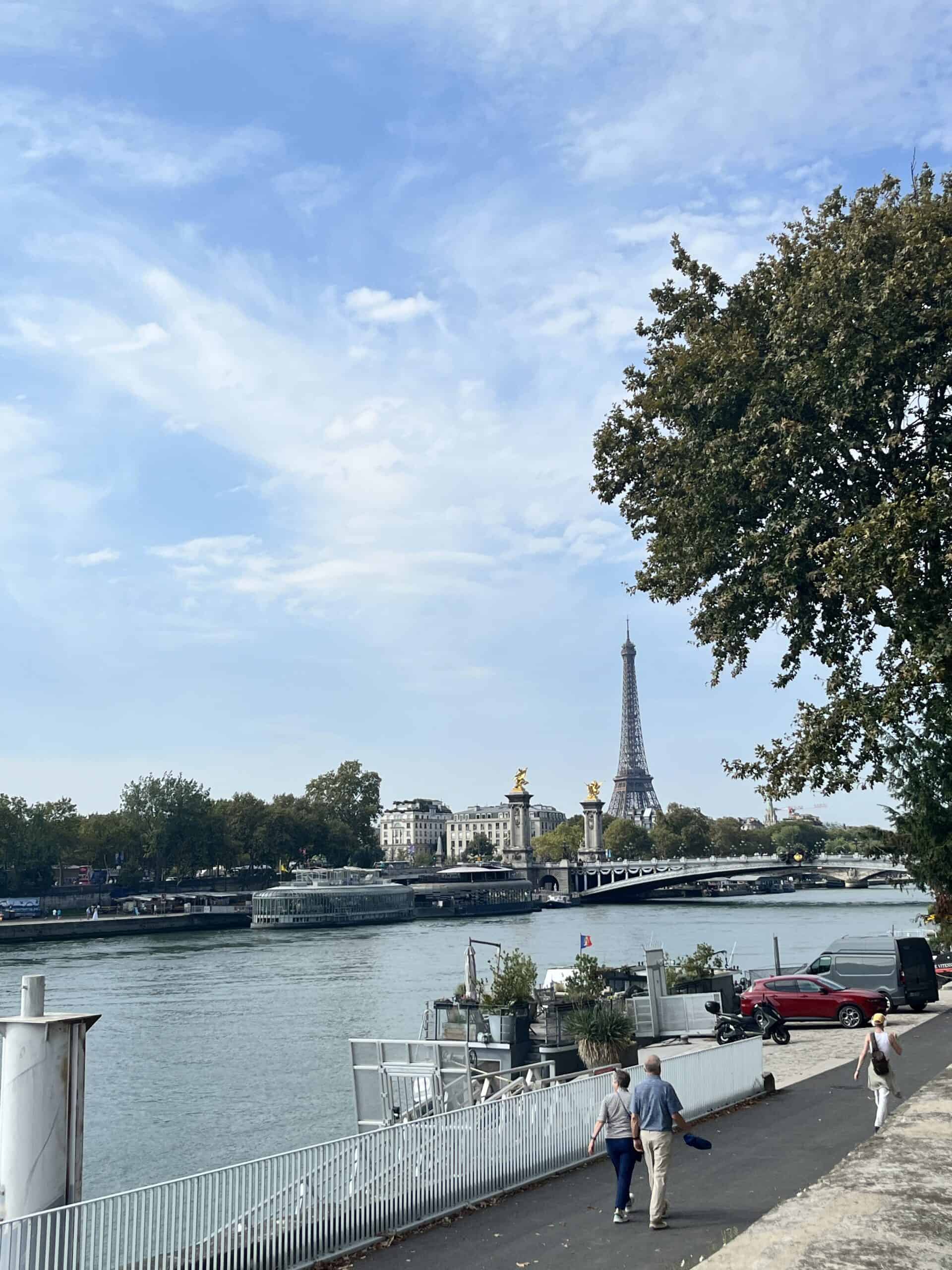 Scenic view of the Seine River with the Eiffel Tower and Pont Alexandre III in the background, ideal for a riverside walk during 3 days in Paris.
