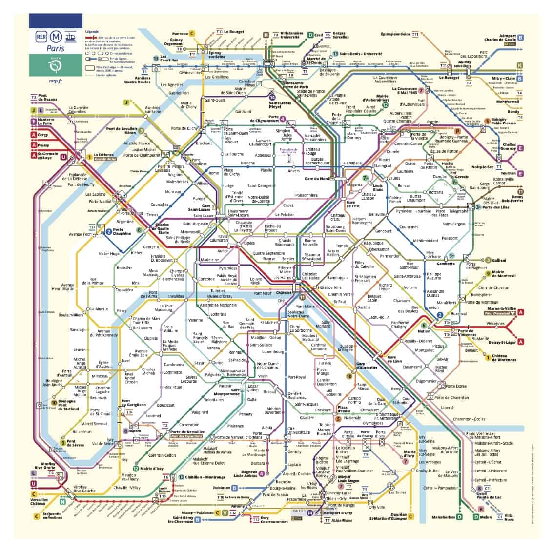 Detailed Paris Metro map showing train lines, connections, and central routes used during most 3 days in Paris itineraries.
