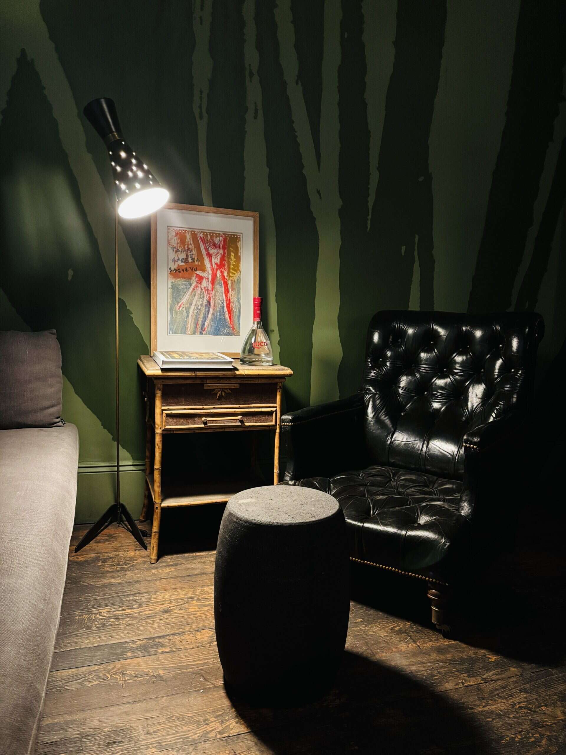 Cozy leather chair and ambient lighting in a stylish restaurant corner in Mexico City