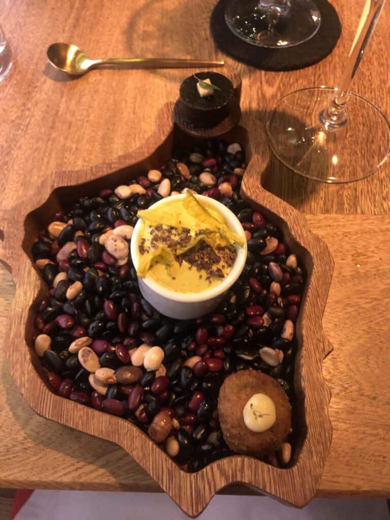 Dessert presented on a wooden tray filled with beans and seeds at a high-end Mexico City restaurant Sud 777