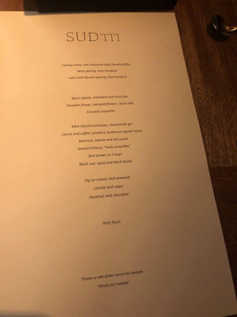 sud 777 menu, one of the best fine dining restaurants in Mexico City