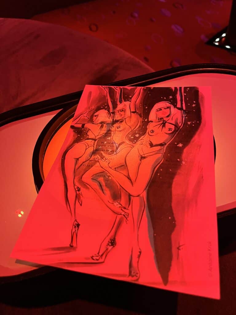 red light on menu at le crazy horse burlesque show in Paris in the fall