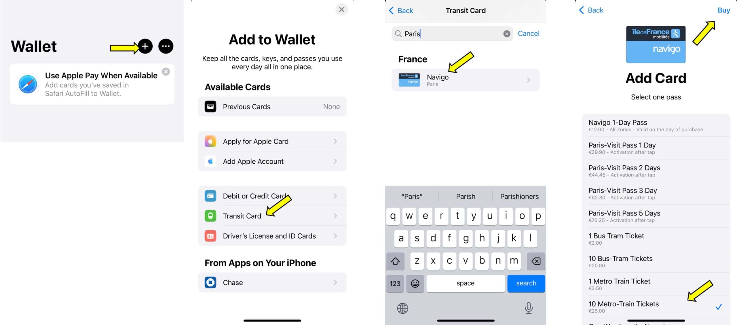 step by step how to buy paris metro tickets on an iphone using apple wallet