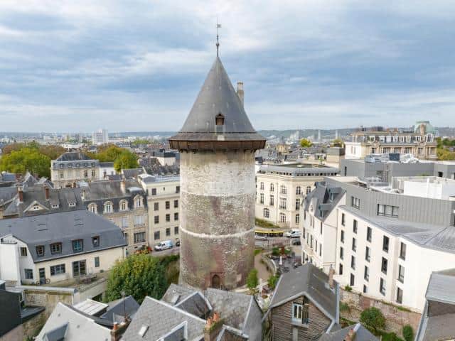 Medieval tower in Rouen showing historic French architecture and ancient stone walls