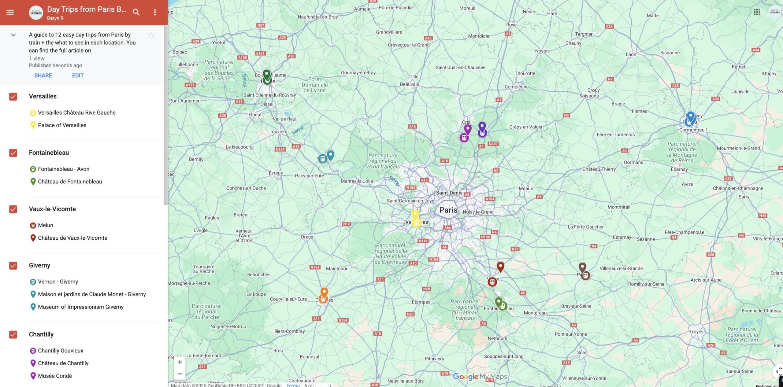 interactive map of day trips form paris by train on google maps
