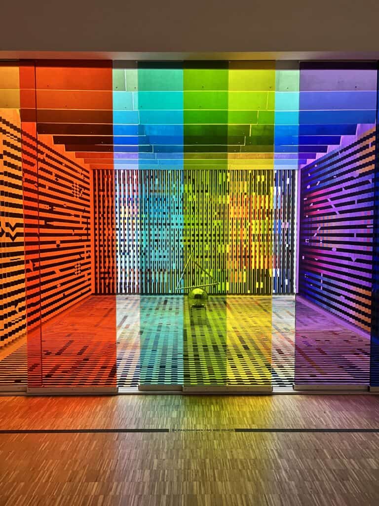 Vibrant rainbow-colored art installation at Centre Pompidou modern art museum in Paris