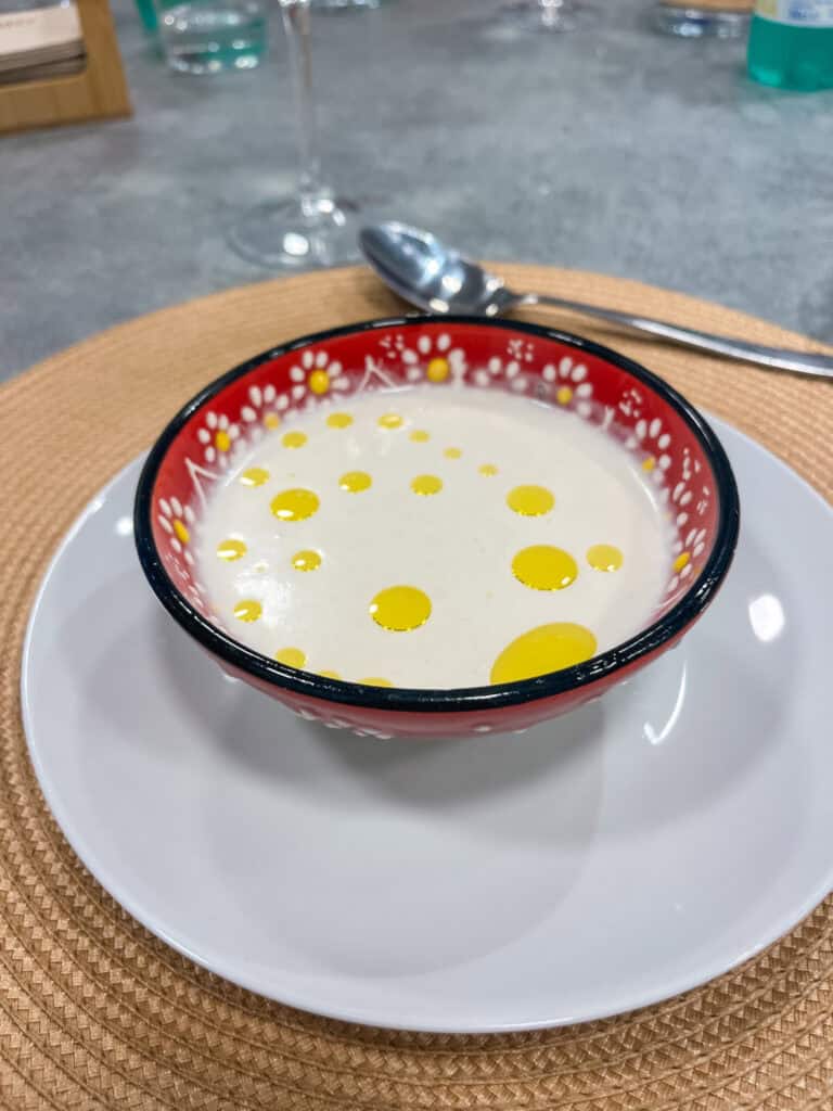 Cold gazpacho almond soup with olive oil, traditional malaga cuisine specialty