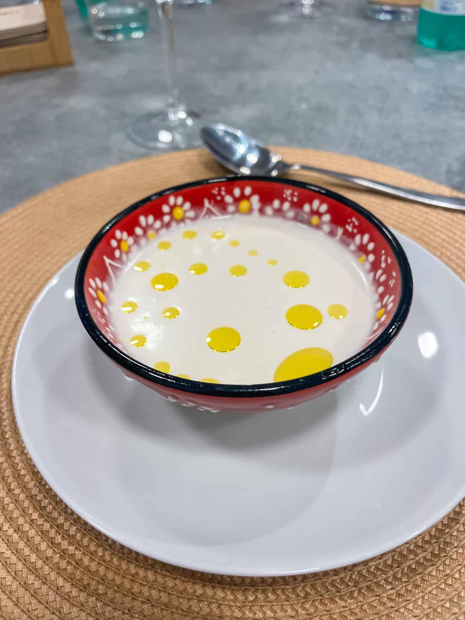 Cold gazpacho almond soup with olive oil, traditional malaga cuisine specialty