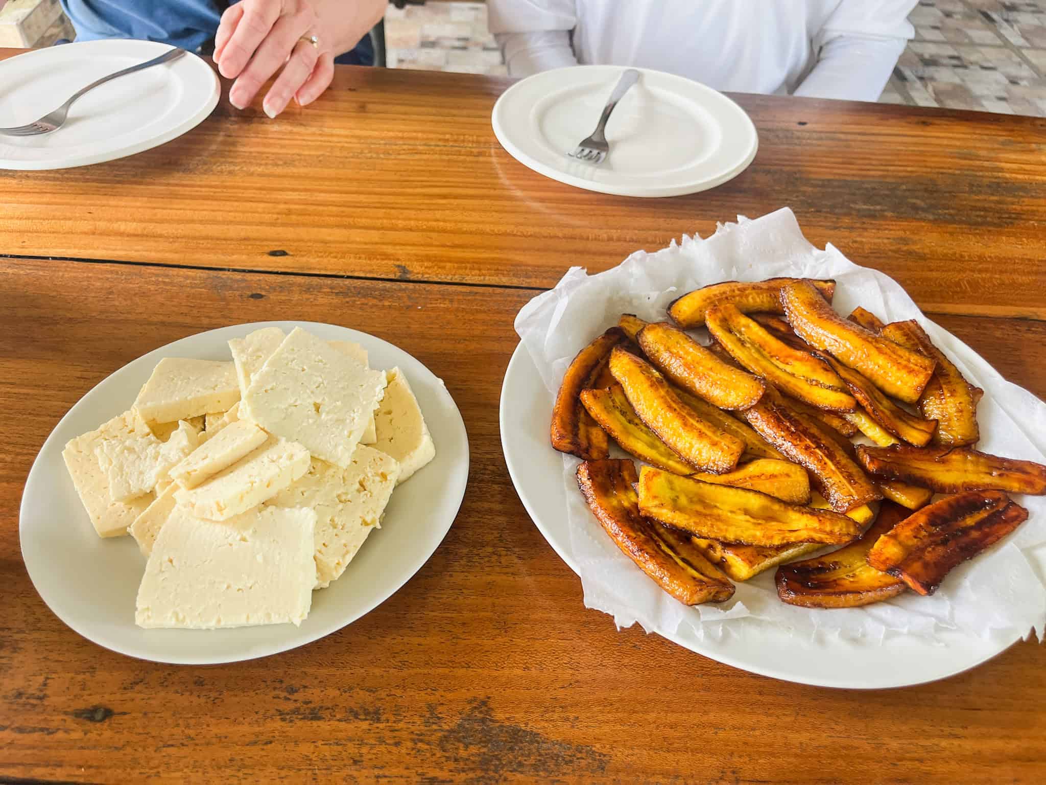 Traditional Costa Rican white cheese and fried plantains served at farm after safari float tour
