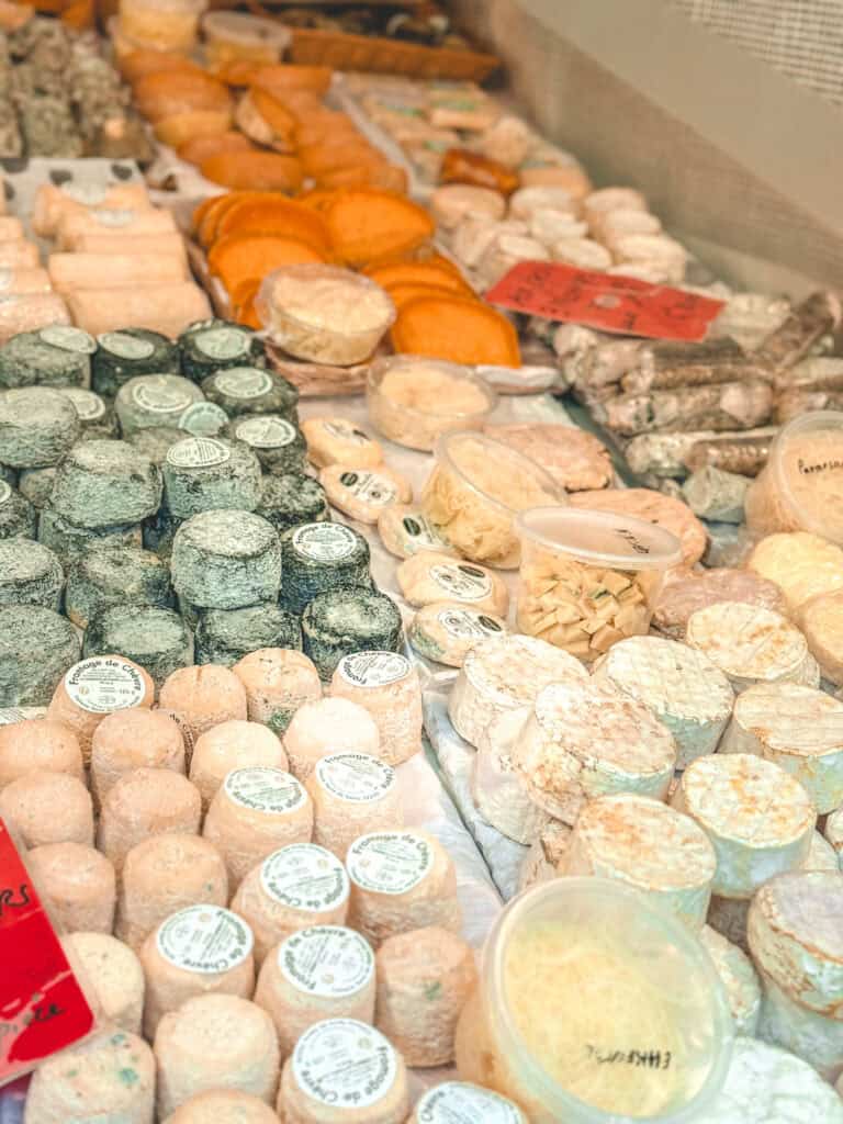 French cheese selection including ash-covered chèvre and mimolette at Paris culinary market