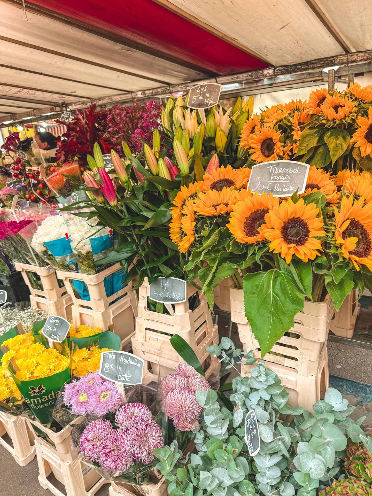 Vibrant sunflowers and fresh cut flowers displayed at cooking class in Paris market visit