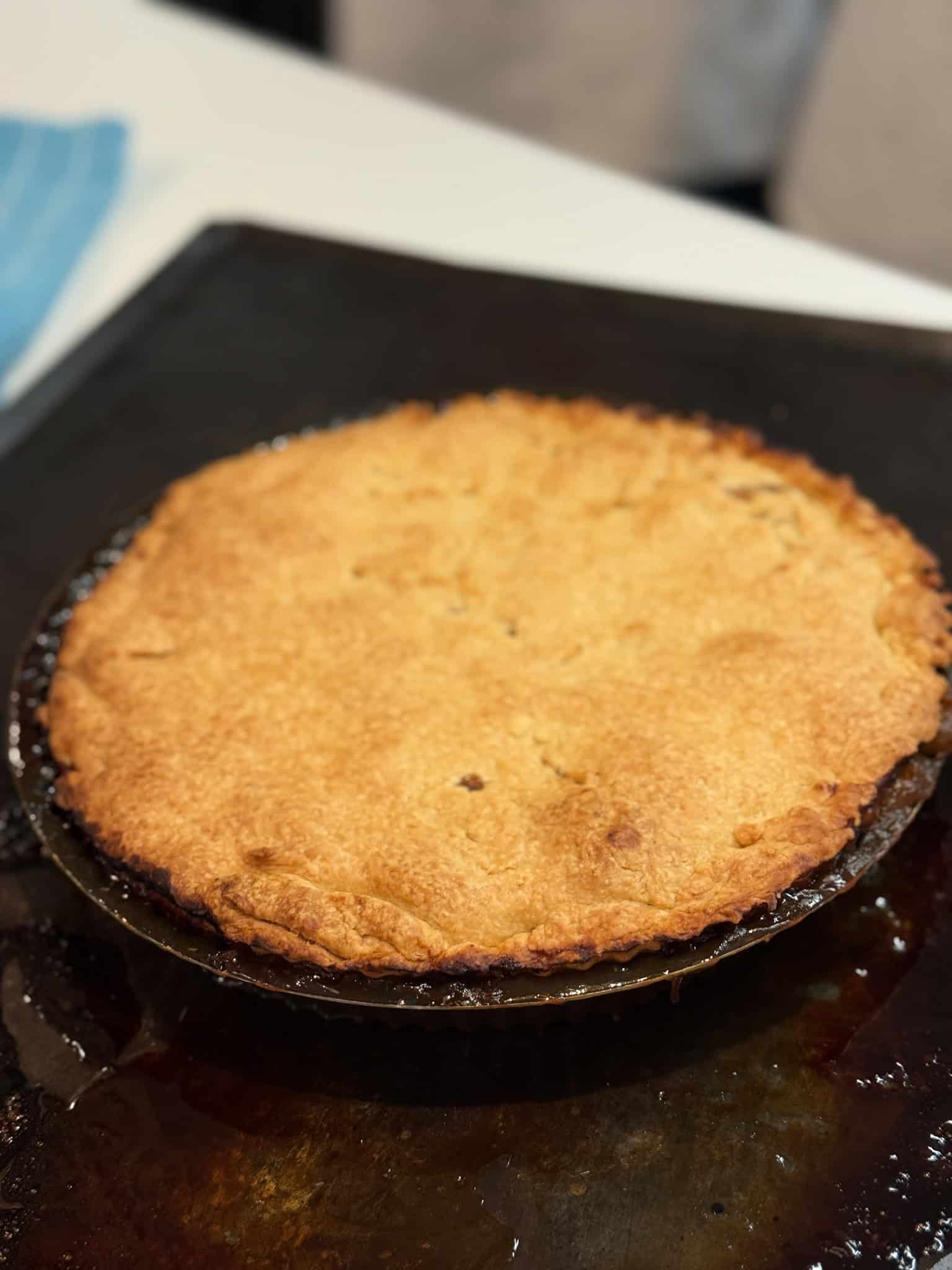 Golden apple tarte tatin fresh from oven made during cooking class in Paris