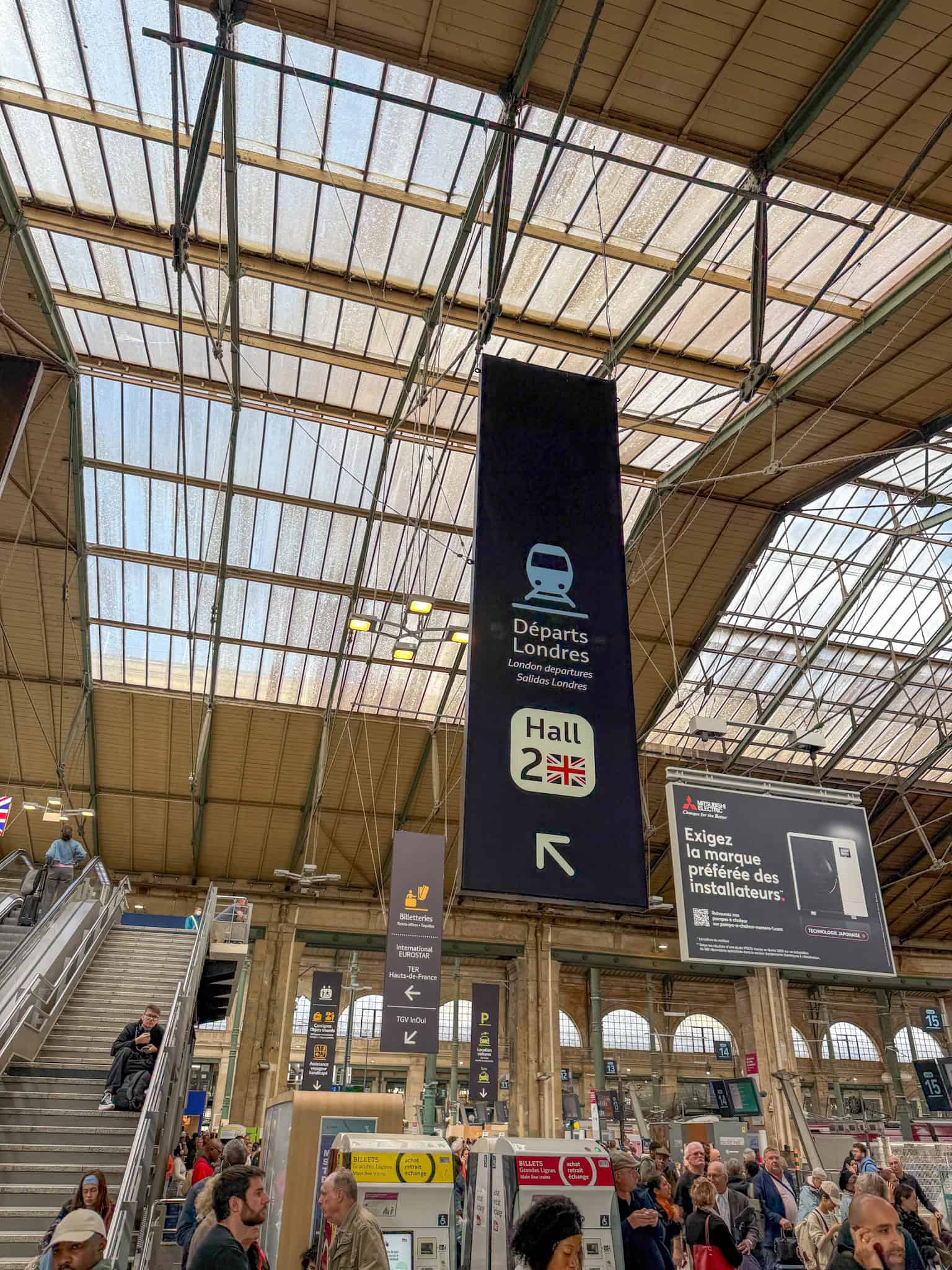 Paris train station departure board showing London trains during potential strike disruptions at Gare du Nord