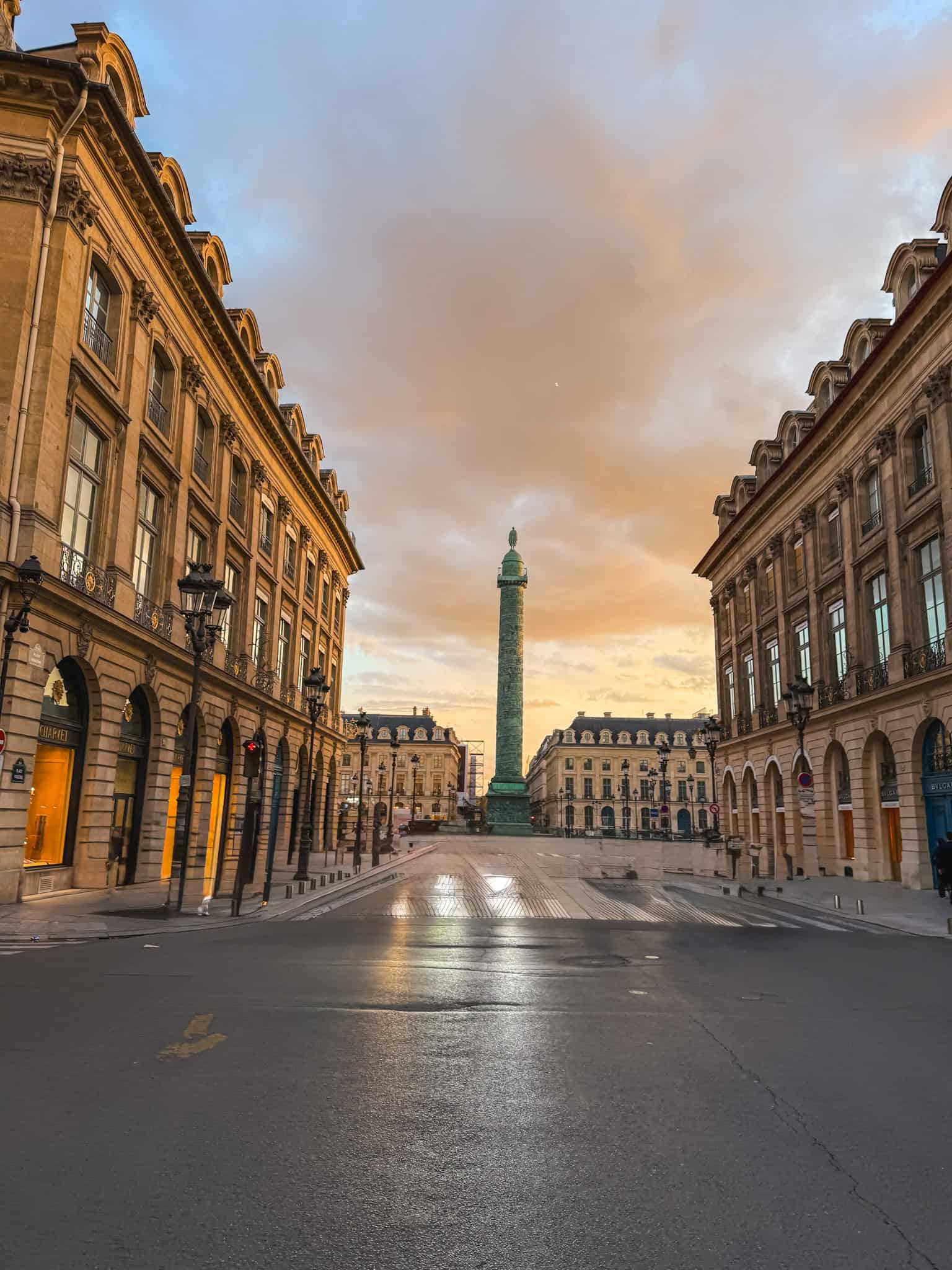 Empty Place Vendôme in Paris at sunset showing quiet streets during a strike - peaceful city exploration opportunity