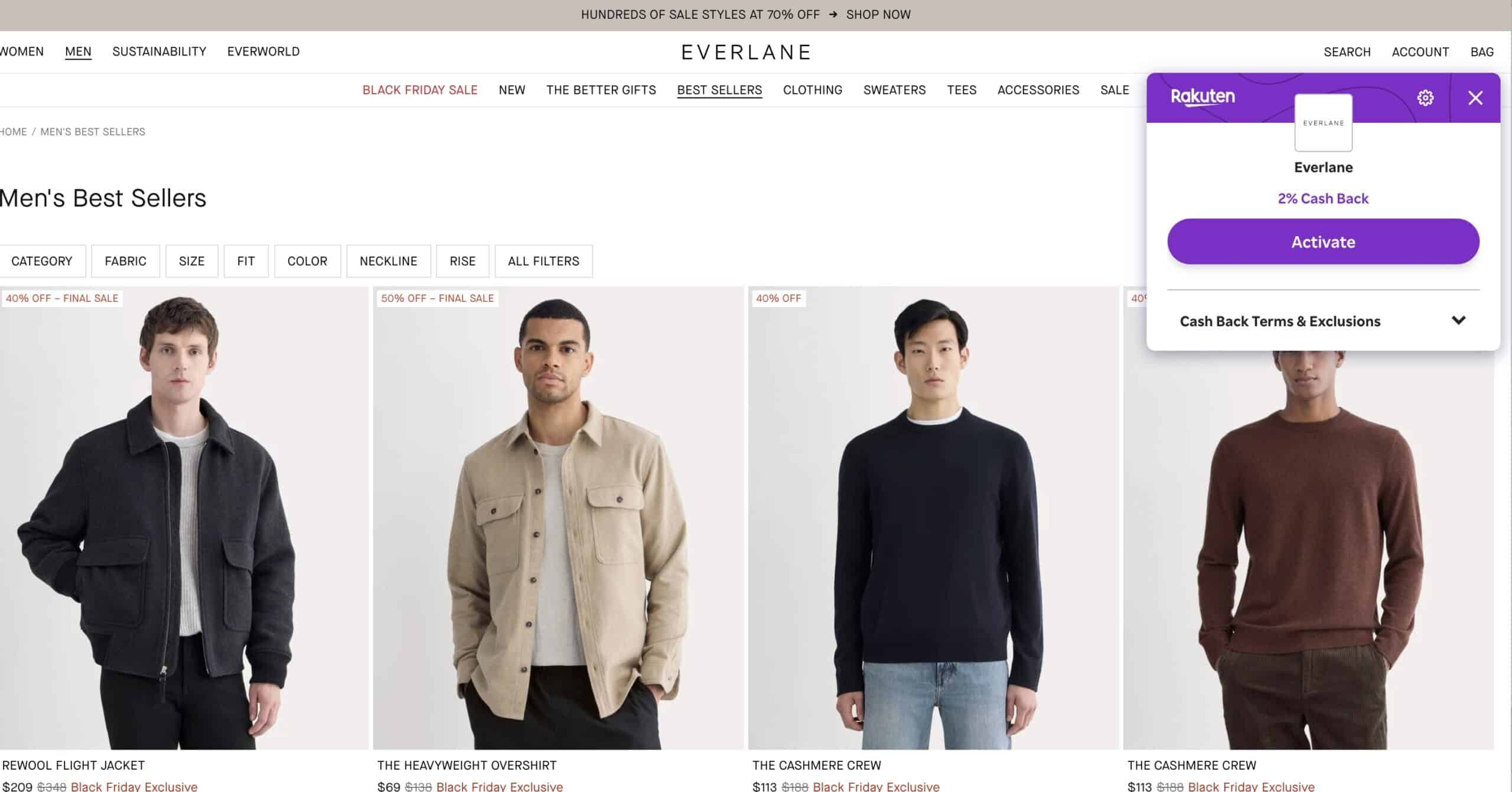 Rakuten popup on Everlane website when holiday shopping
