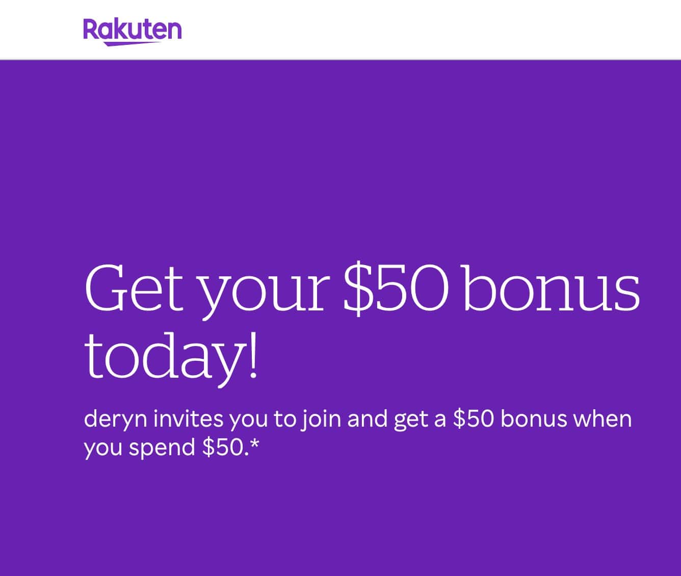 rakuten shopping portal $50 welcome bonus on purple background