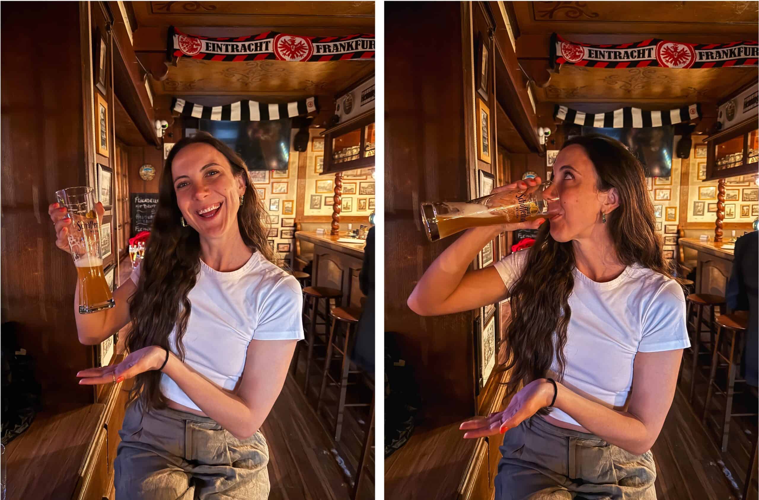 Woman drinking beer during one day in Frankfurt