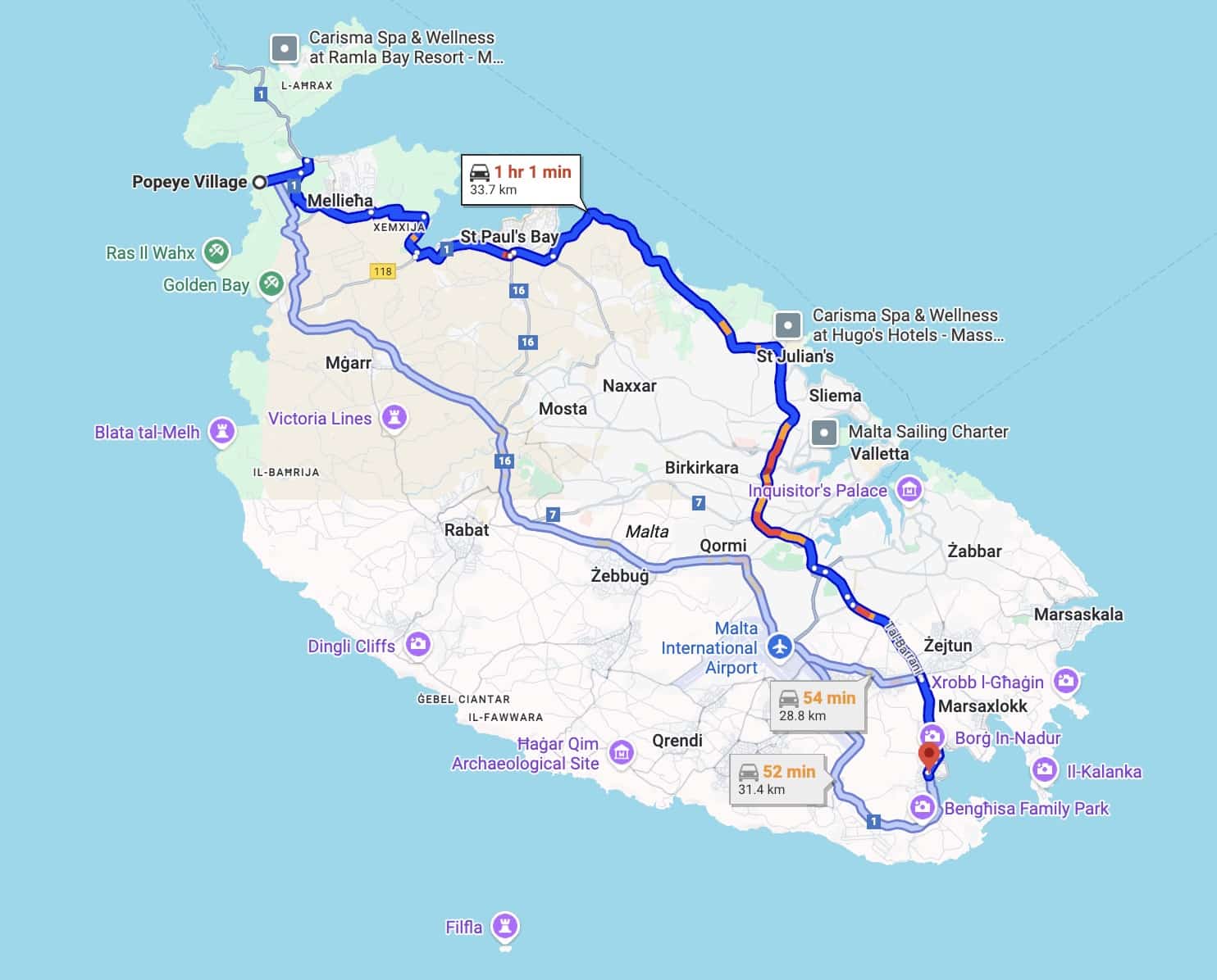 map of malta showing driving in malta from one end to the other takes 1 hour