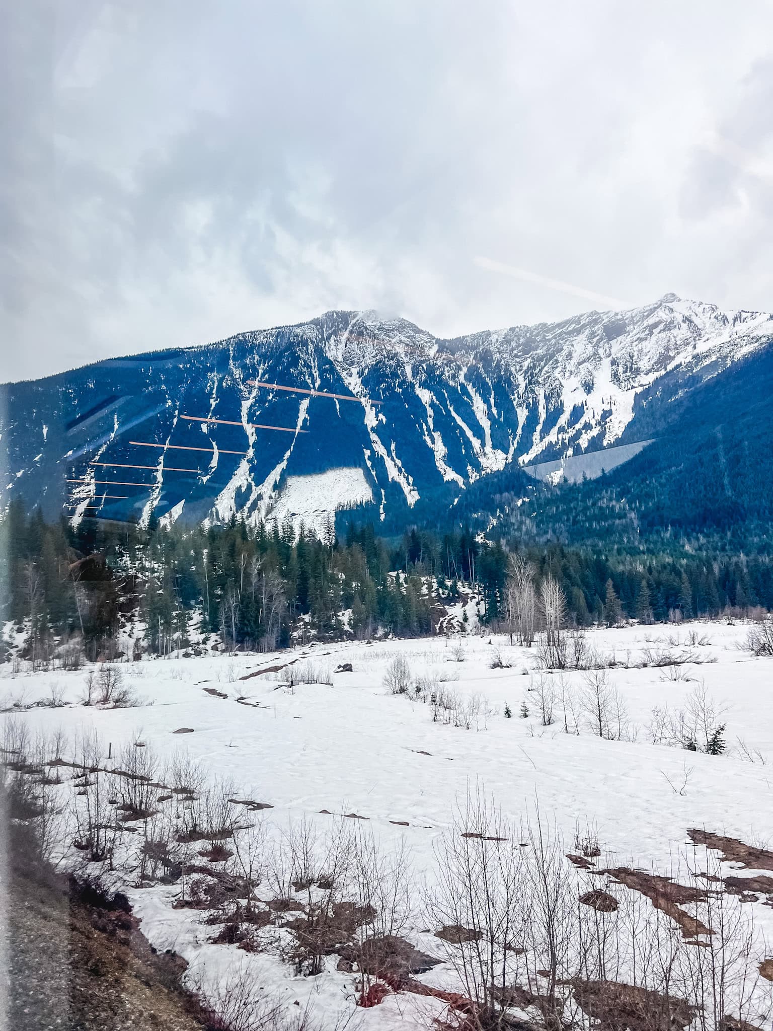 Dramatic snow-capped mountain peaks towering over evergreen forest on First Passage to the West route