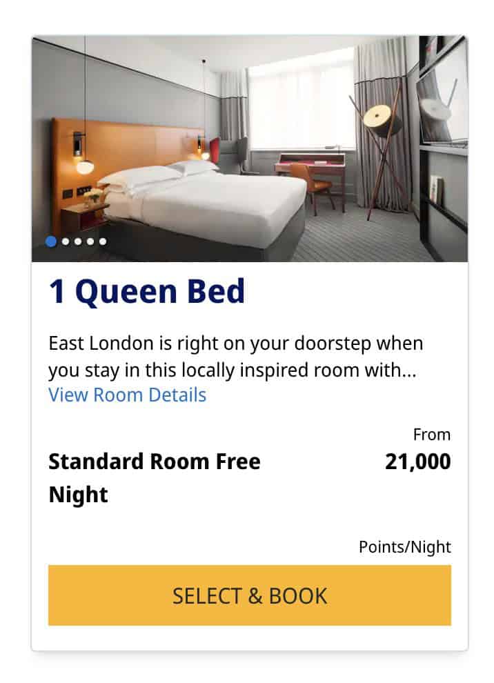 Hyatt points booking screenshot showing a standard queen room in East London available for 21,000 points per night, perfect for after arriving by Eurostar