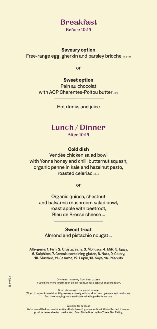 Eurostar Plus class menu card featuring seasonal breakfast and lunch options including brioche, pain au chocolat, and French salads served onboard