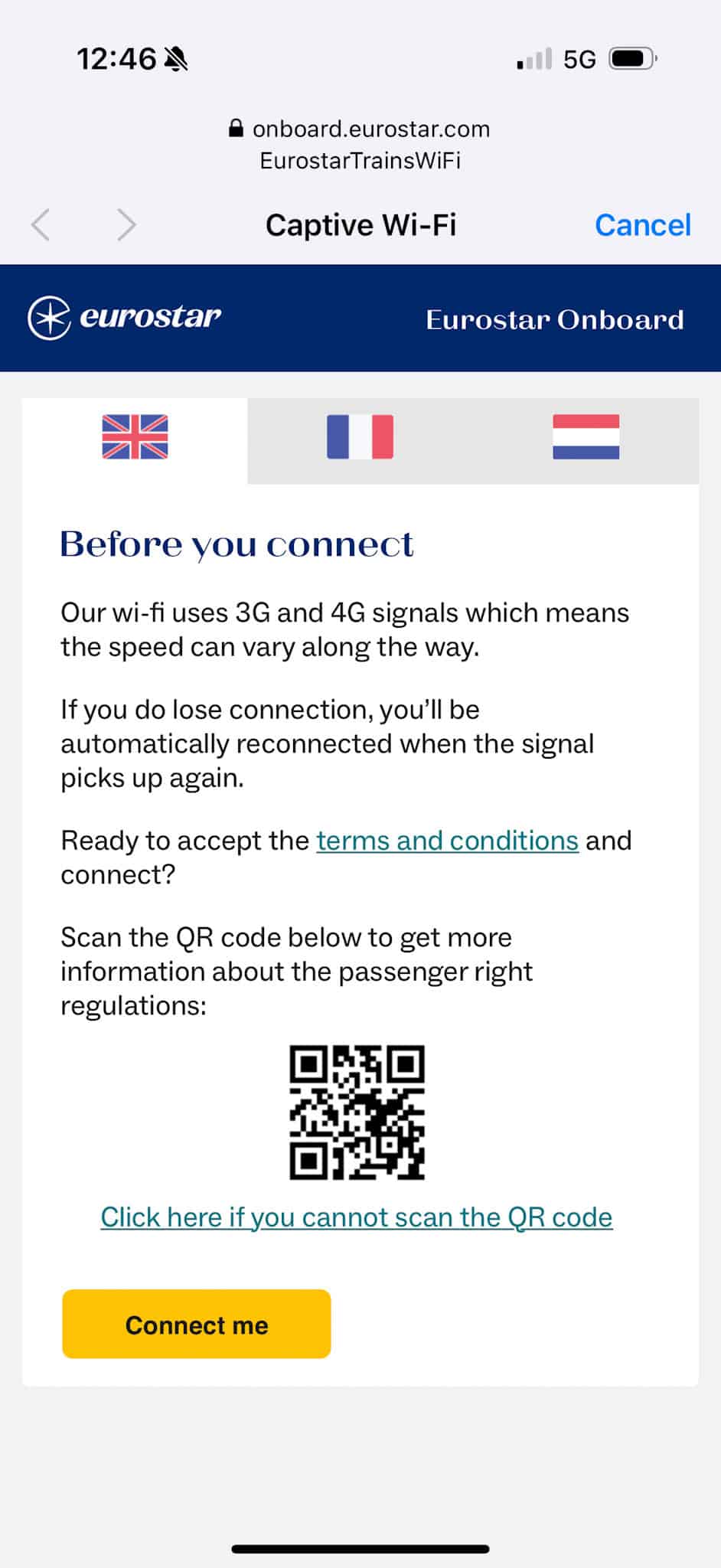 Screenshot of the Eurostar onboard Wi-Fi captive portal login page with language options and QR code for passenger rights on the train from paris to london