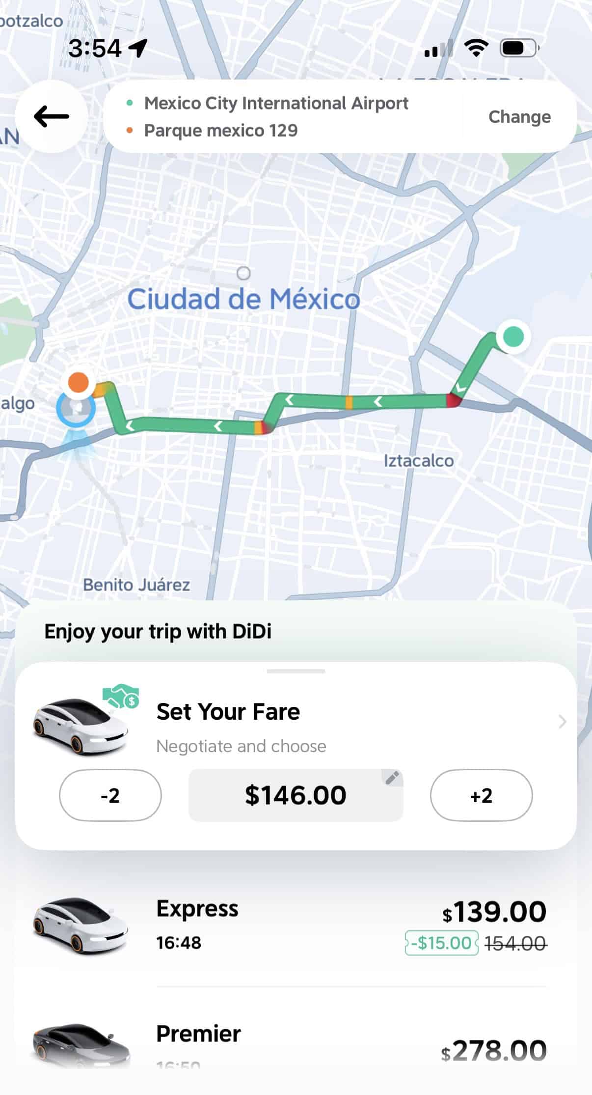 DiDi app showing ride options from Mexico City International Airport with pricing for airport transfers
