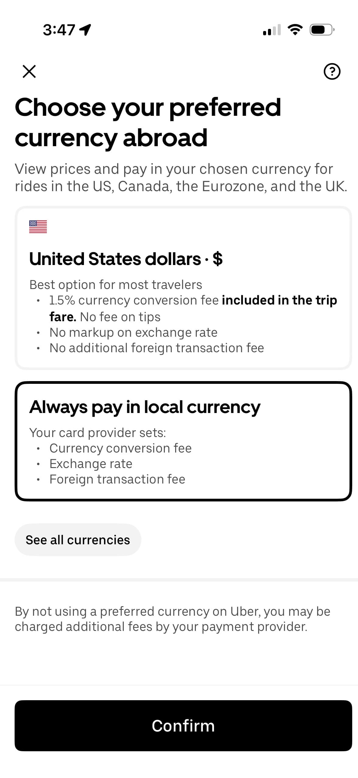 Uber in Mexico City currency settings showing USD payment option to avoid foreign transaction fees