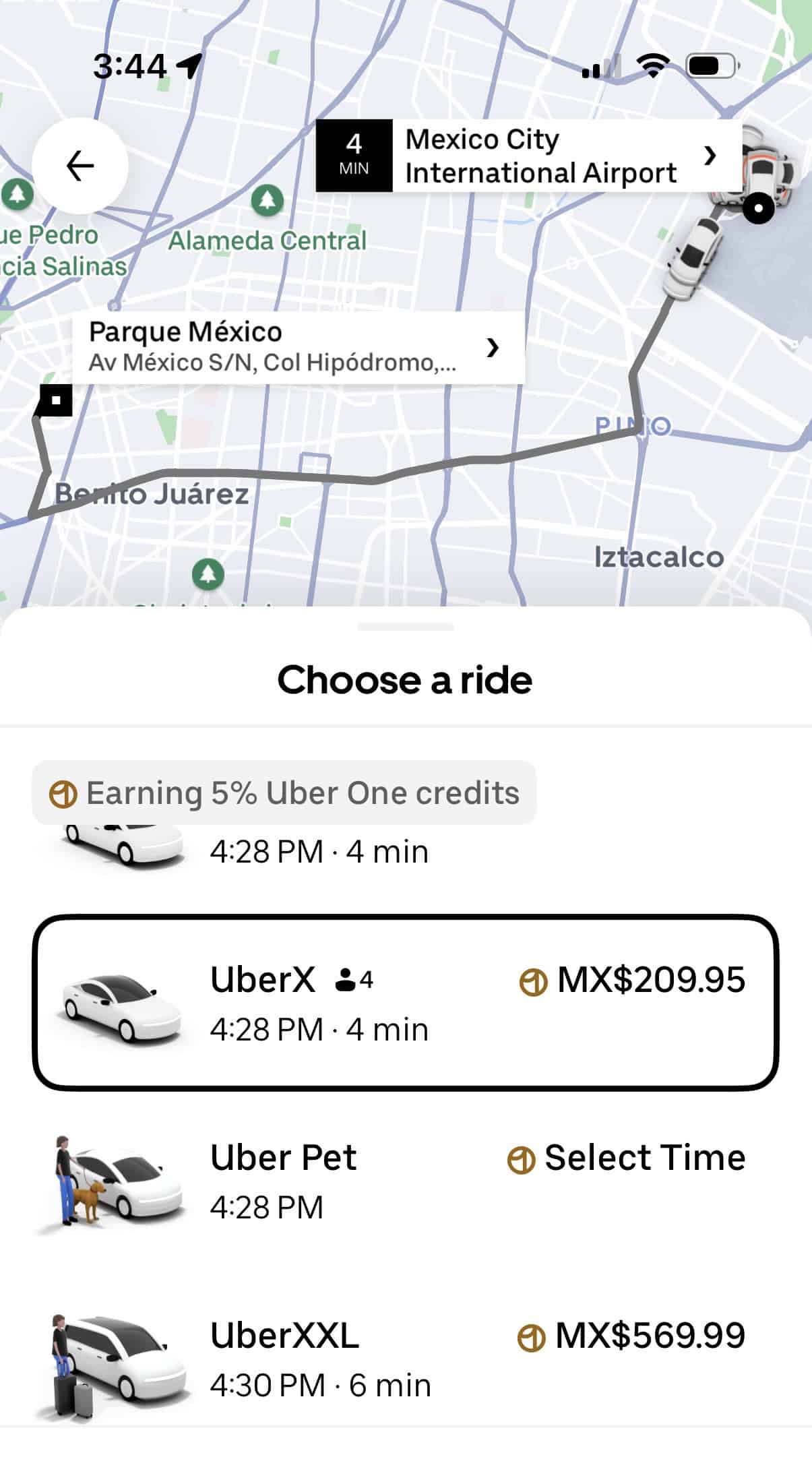 Uber in Mexico City showing airport transfer options from MEX International Airport to Parque México with UberX pricing