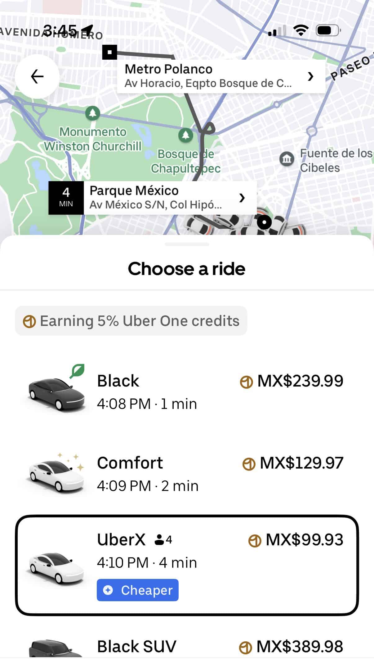 Uber in Mexico City Polanco neighborhood showing UberX pricing and ride options near Metro Polanco