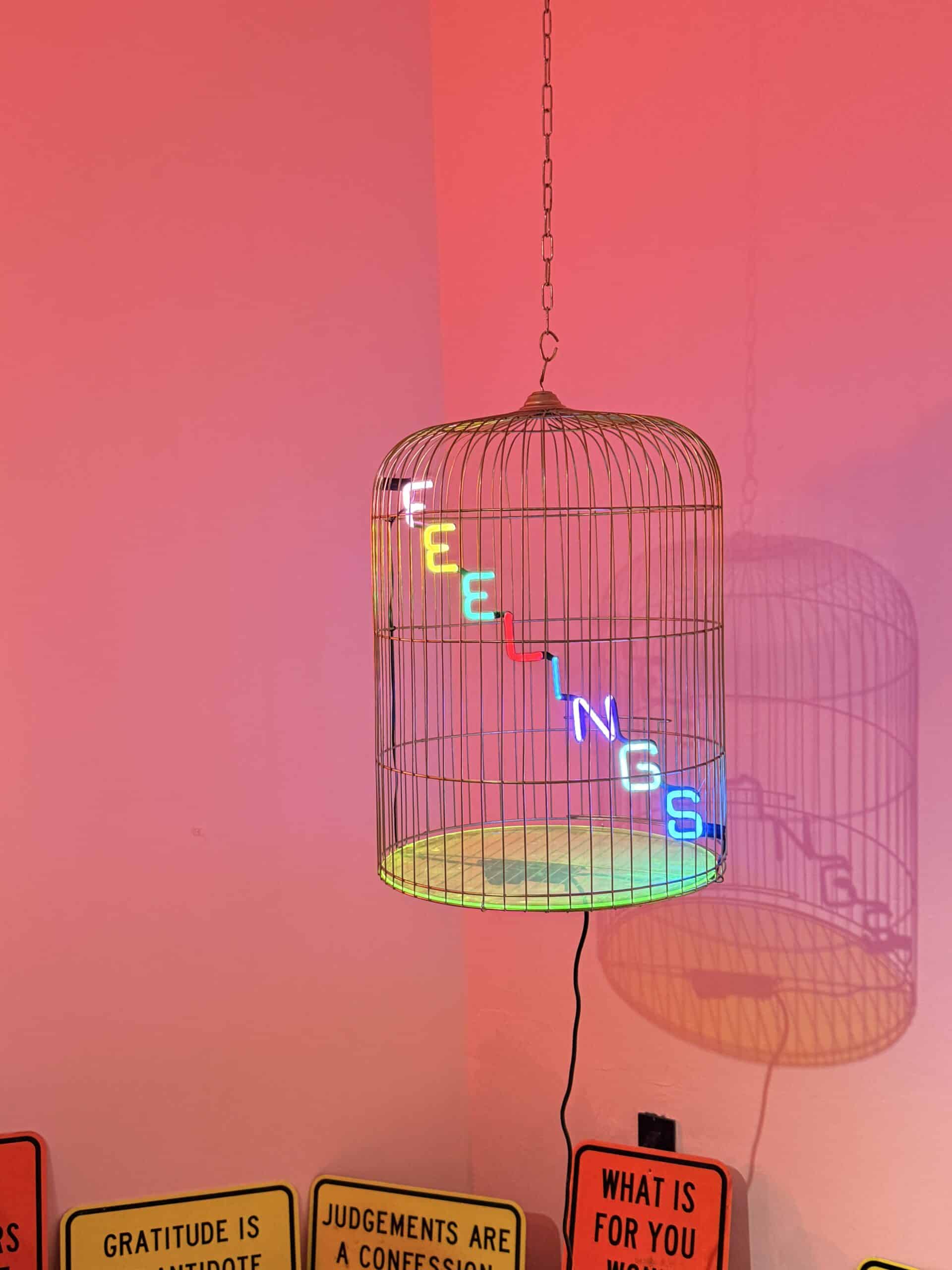 feelings lit up in a cage art exhibit