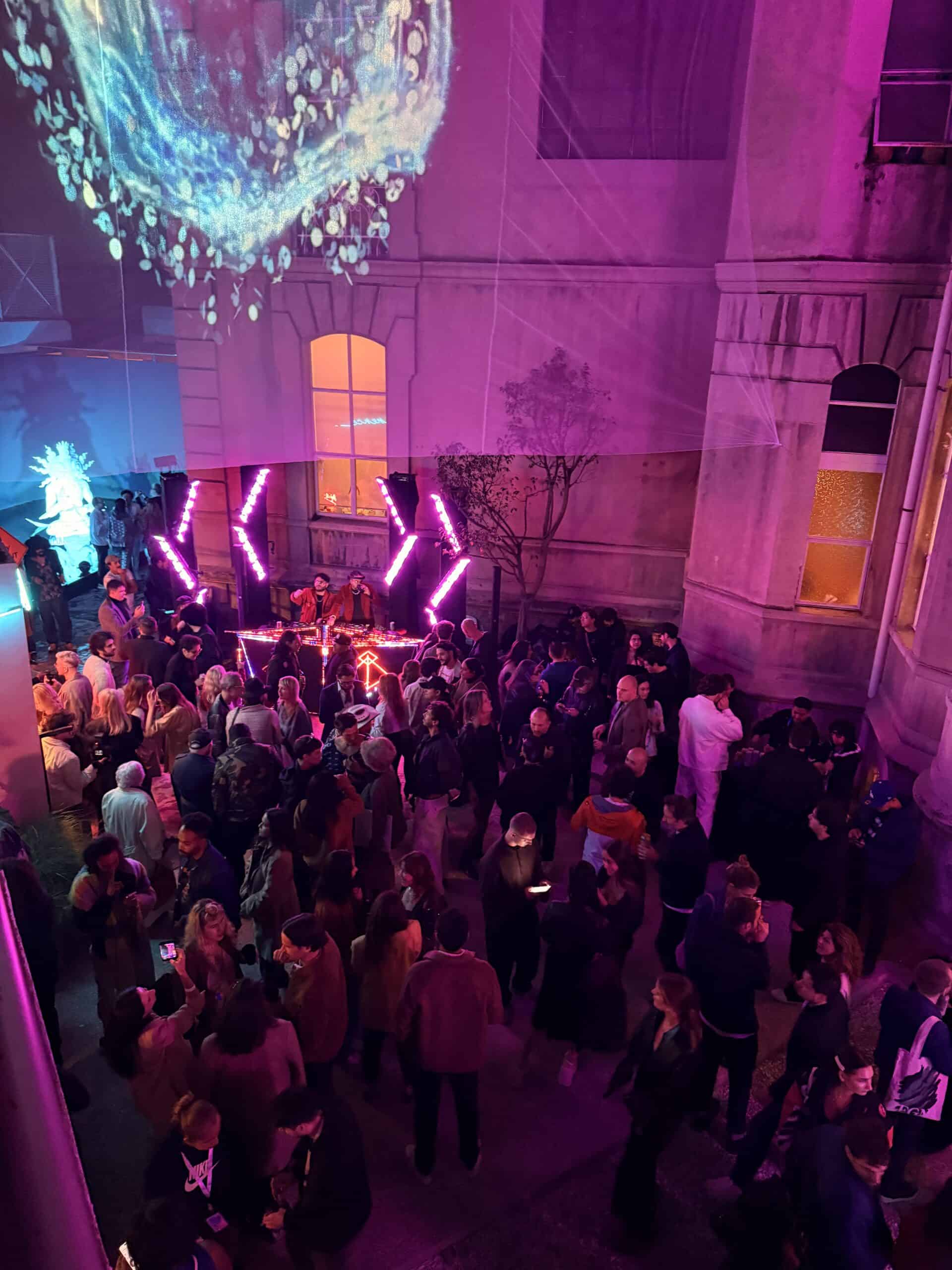 pink lights at a party during art week in mexico city