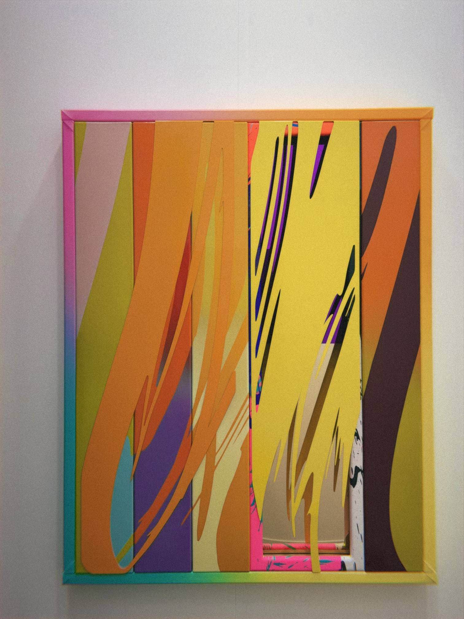 Vibrant abstract painting with diagonal yellow and orange stripes at art events Mexico City