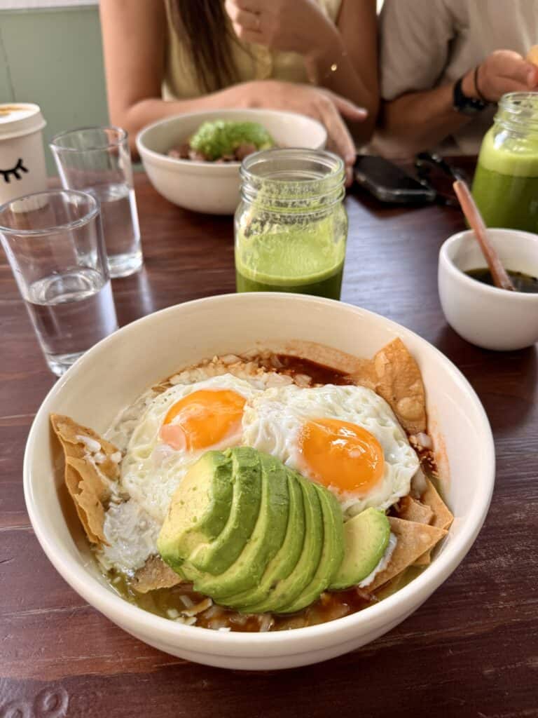 Chilaquiles with fried eggs and avocado at brunch spot during Mexico City art week