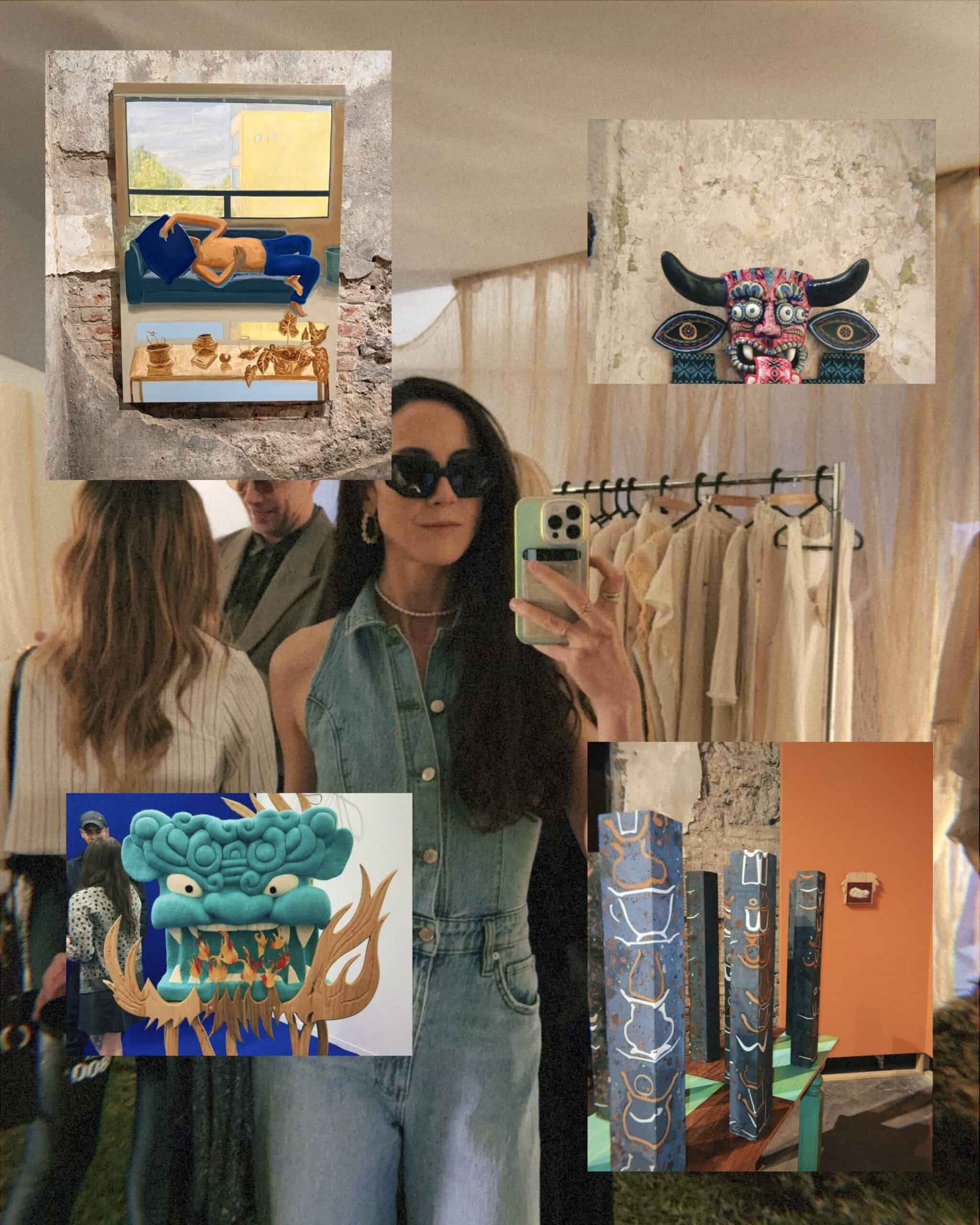 Mirror selfie with collaged artworks from various CDMX art fair exhibitions and installations