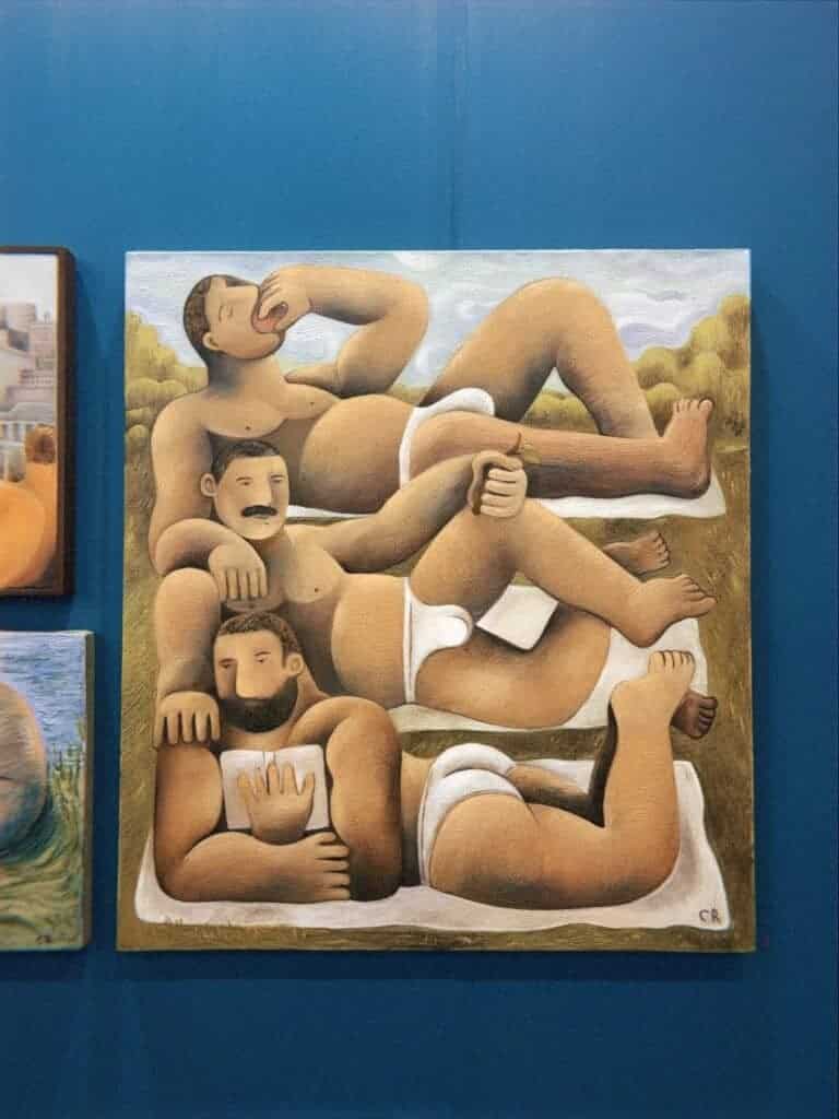Figurative painting of three stacked male figures at Mexico City art galleries during art week