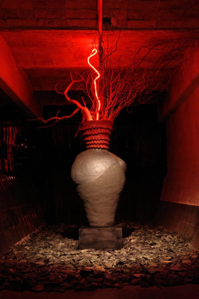 giant red vase at maison celeste during art week