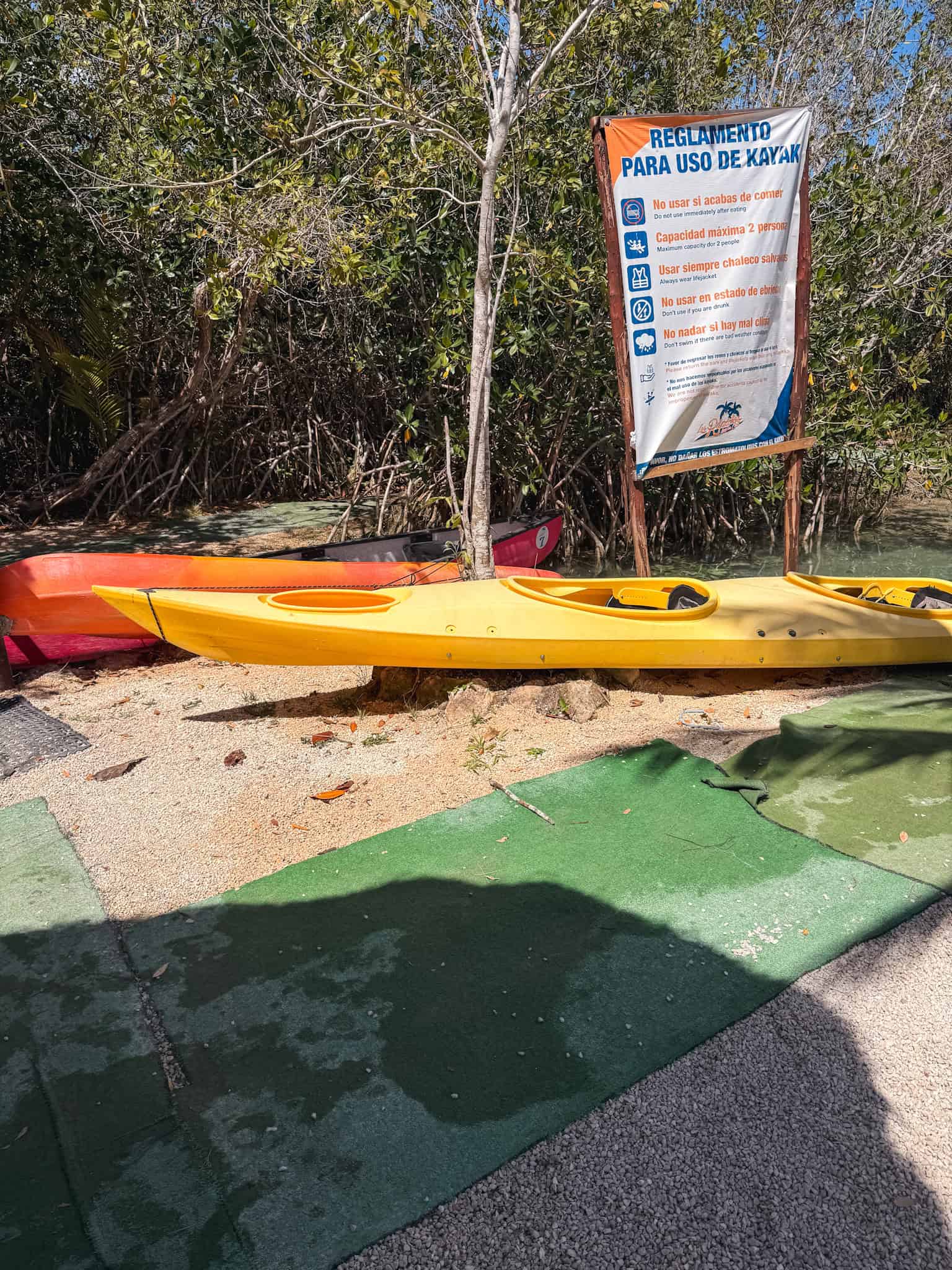 Yellow and orange kayaks available to rent at a Bacalar river club, with a Spanish rules sign posted beside the mangroves along the water's edge