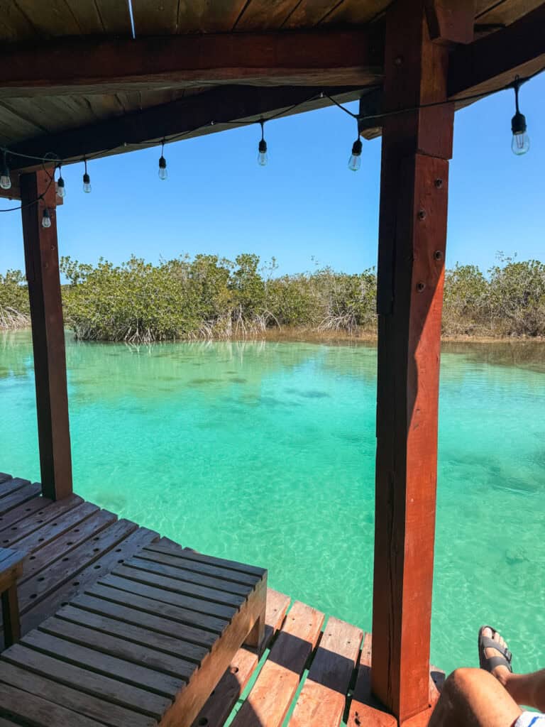 Wooden dock with hanging string lights at a Bacalar lagoon club, looking out over the clear turquoise river channel bordered by mangroves