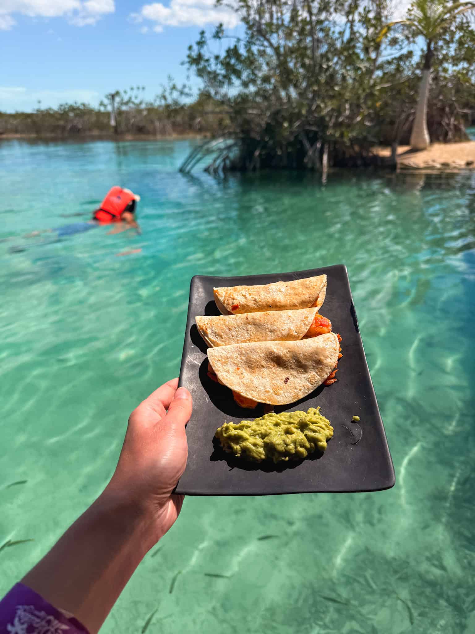Hand holding a plate of tacos gobernador with guacamole over the turquoise river at a Bacalar lagoon club in Mexico, with a swimmer in a life vest floating in the background