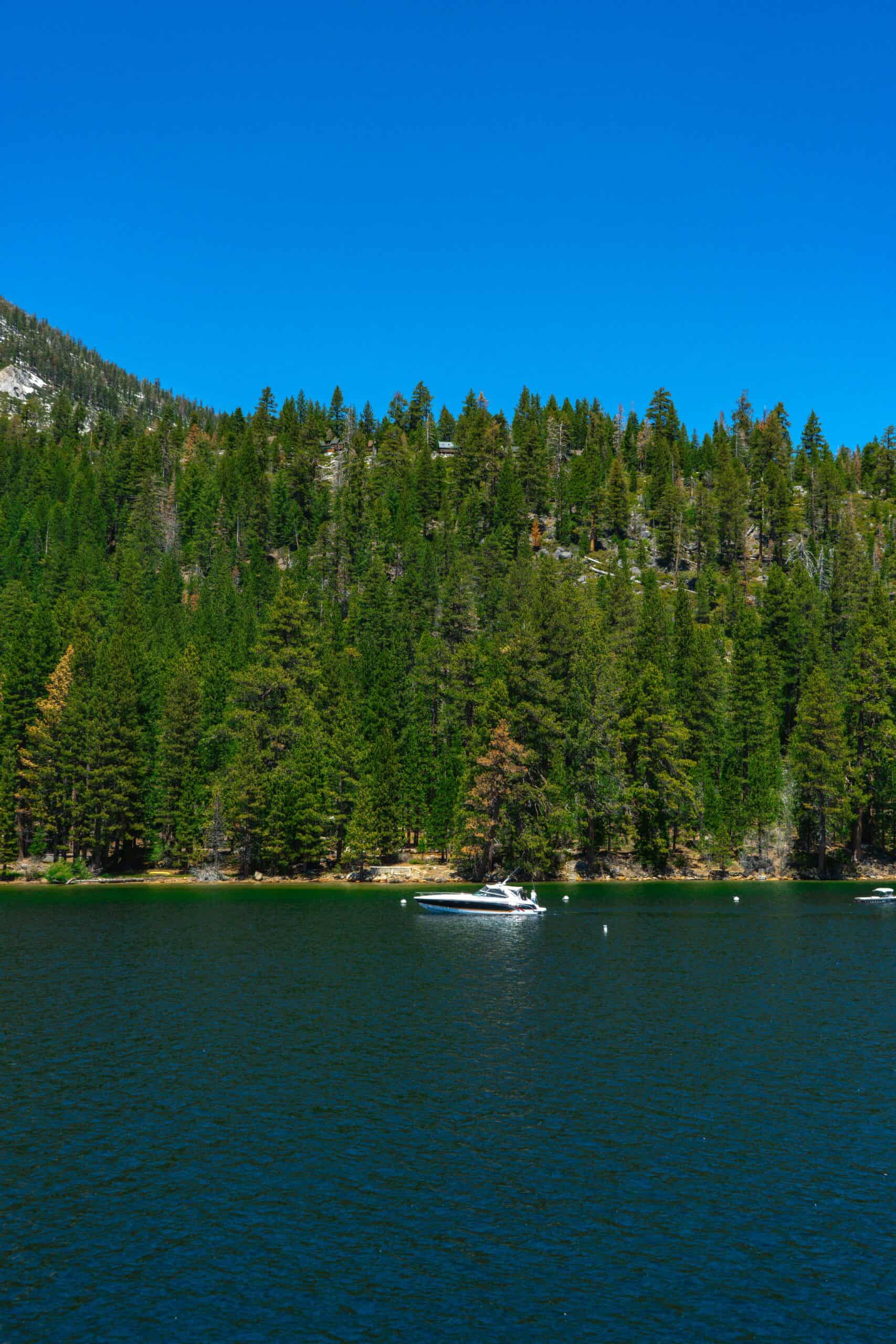 Speedboat anchored in deep emerald-green water below a dense pine forest hillside at Emerald Bay, one of the most scenic things to do in Tahoe by boat