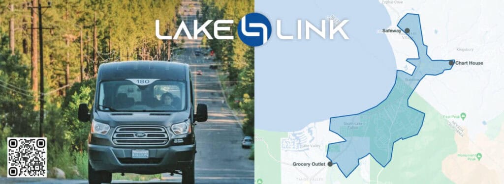 Lake Link on-demand shuttle van and service area map showing coverage across South Lake Tahoe, a car-free transportation option for visitors