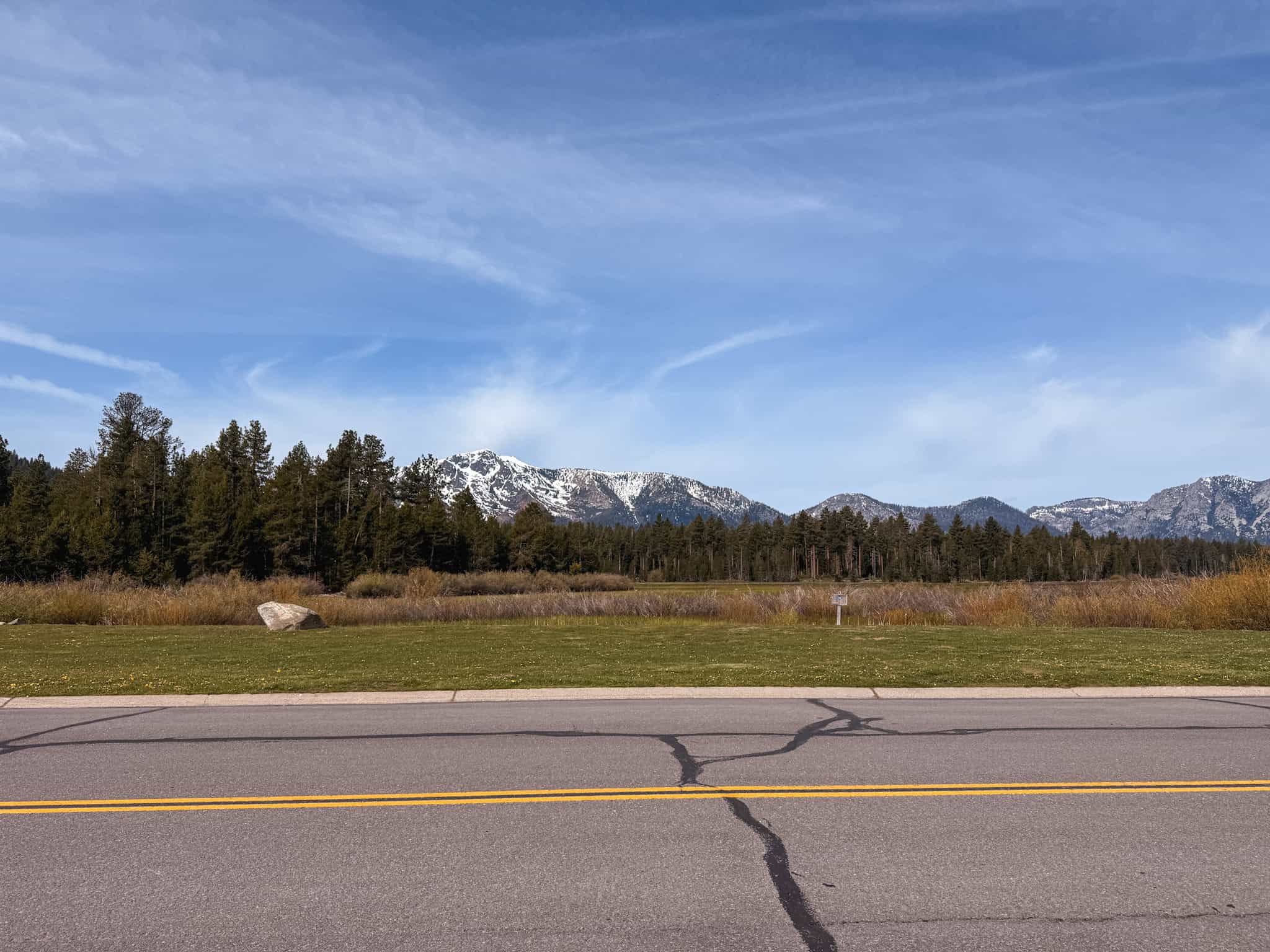 Snow-capped Sierra Nevada mountains rising above a flat meadow and pine forest alongside a Lake Tahoe road on a clear blue sky day