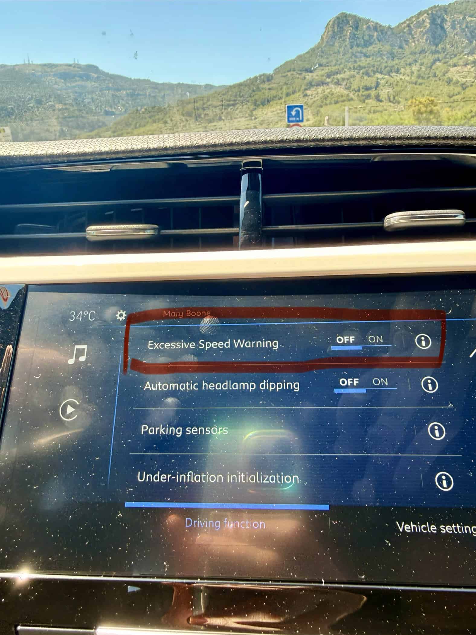 excessive speed warning on a rental car in Mallorca