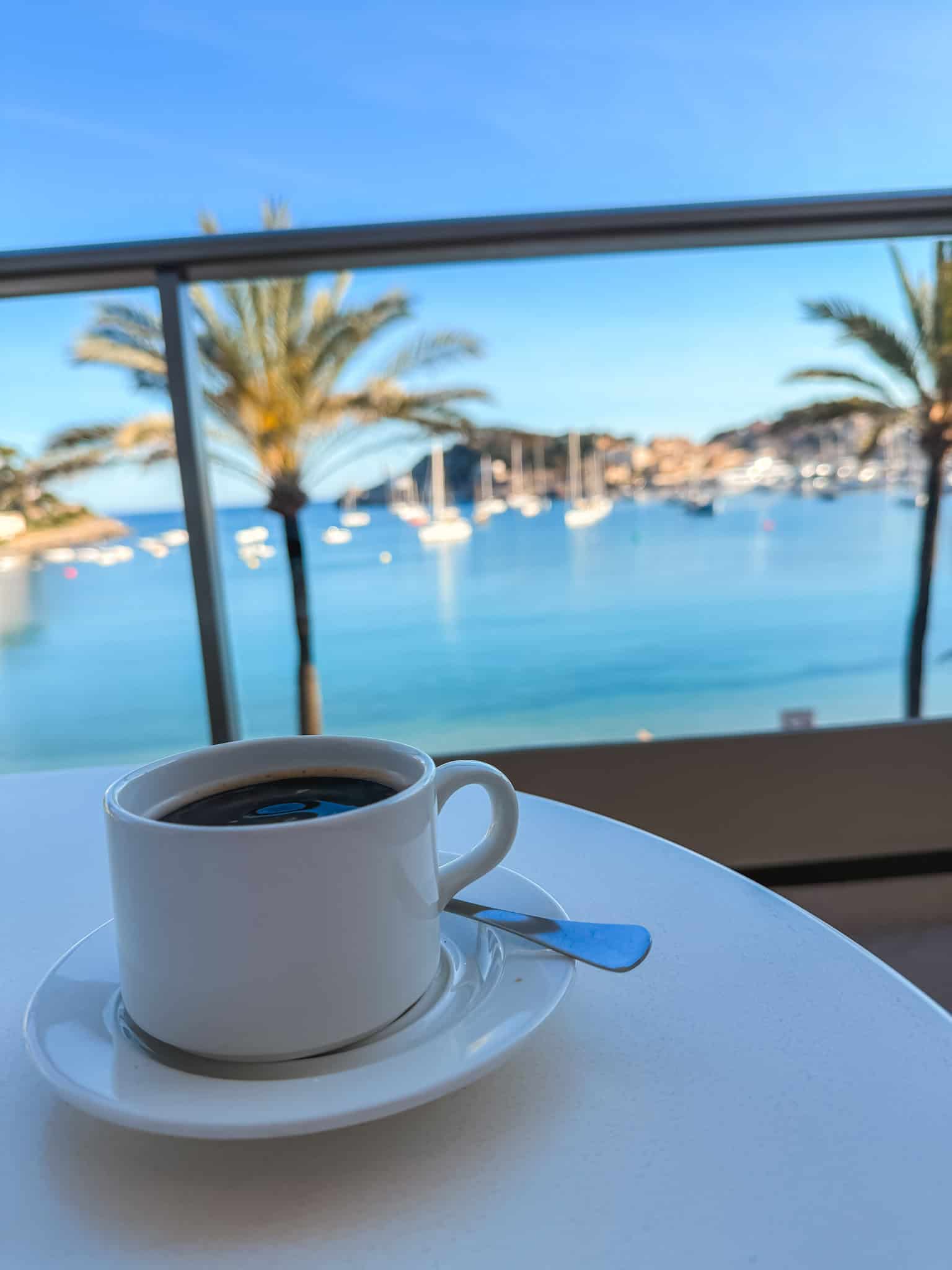 Morning coffee with harbor views in Port de Sóller during a one week in Mallorca itinerary