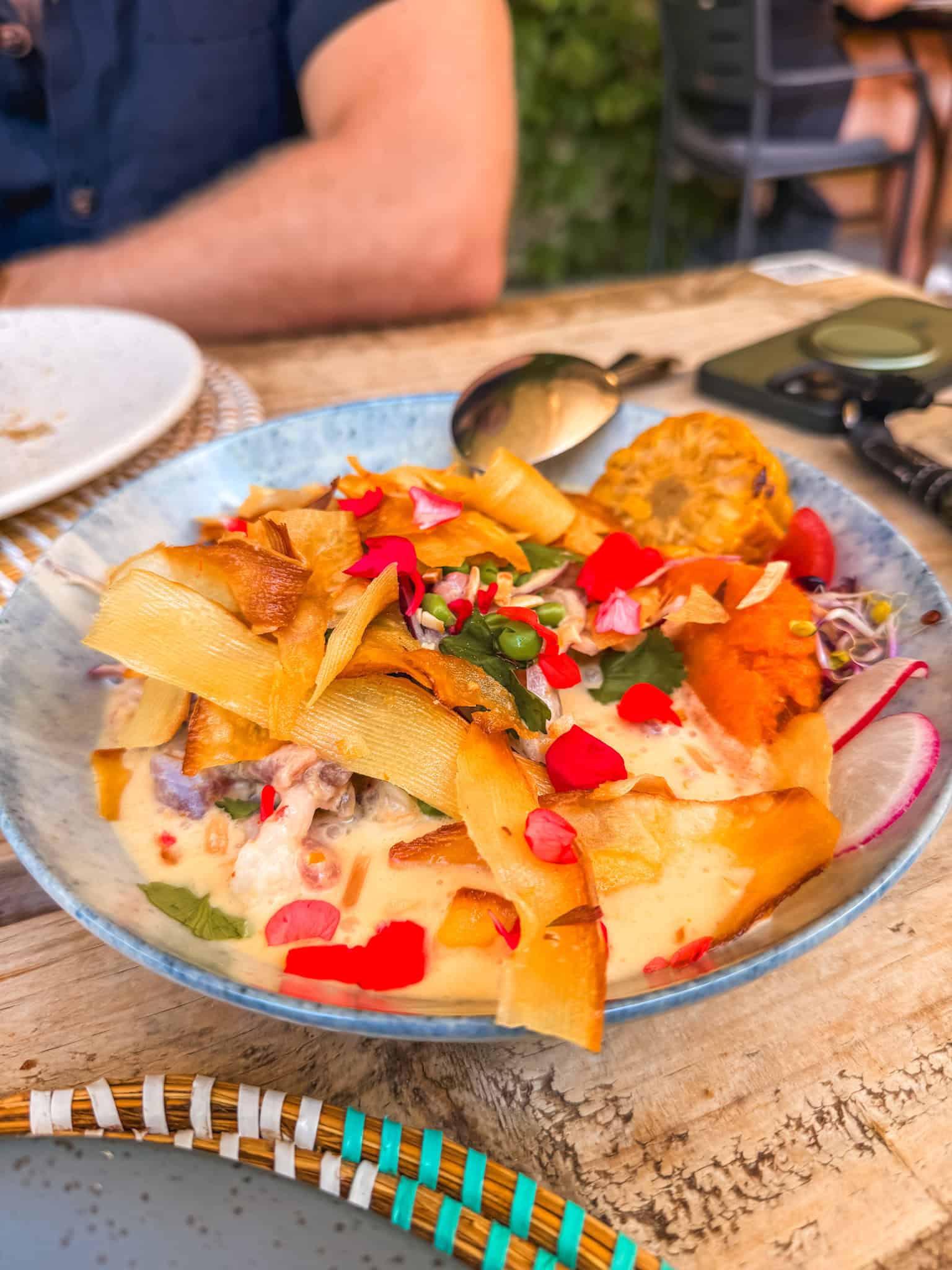 Fresh seafood ceviche with crispy vegetable garnish in Mallorca